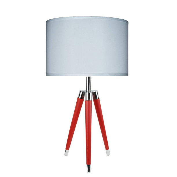 Wood & Chrome Modern Tripod Table Lamp White Finish with Shades & LED Light Bulb 